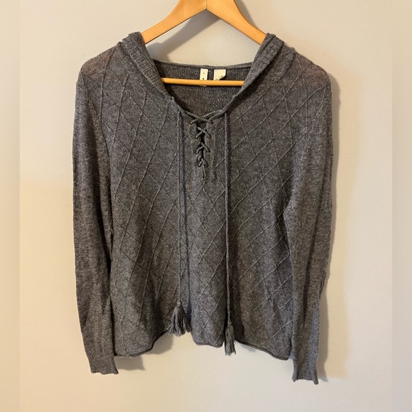 Anthropologie Moth Lace Up Diamond Weave Hooded Wool Blend Sweater Gray Small - Picture 1 of 10